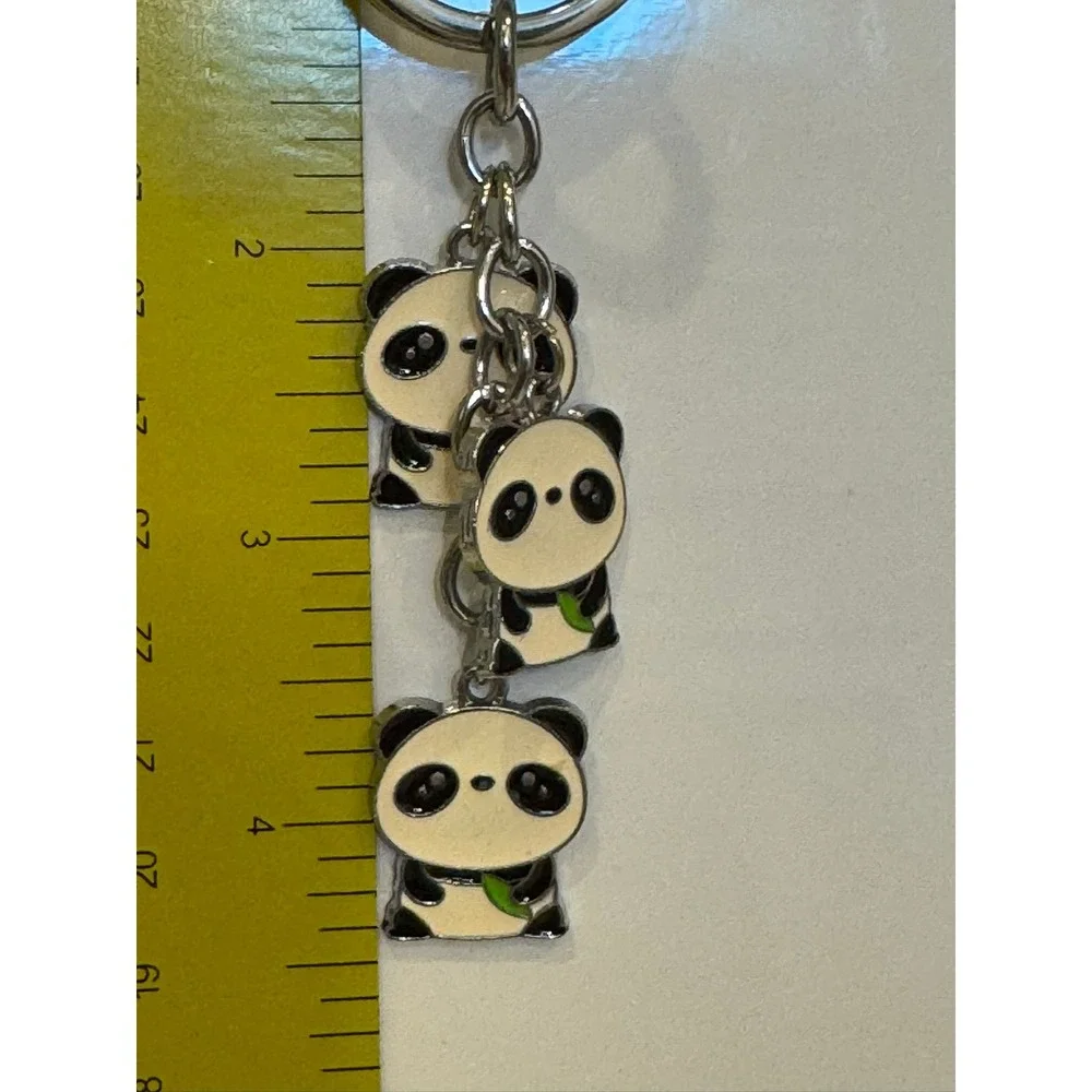 Kawaii Triple Panda Bear Enamel Charm Keychain Silver Tone Animal Key Ring